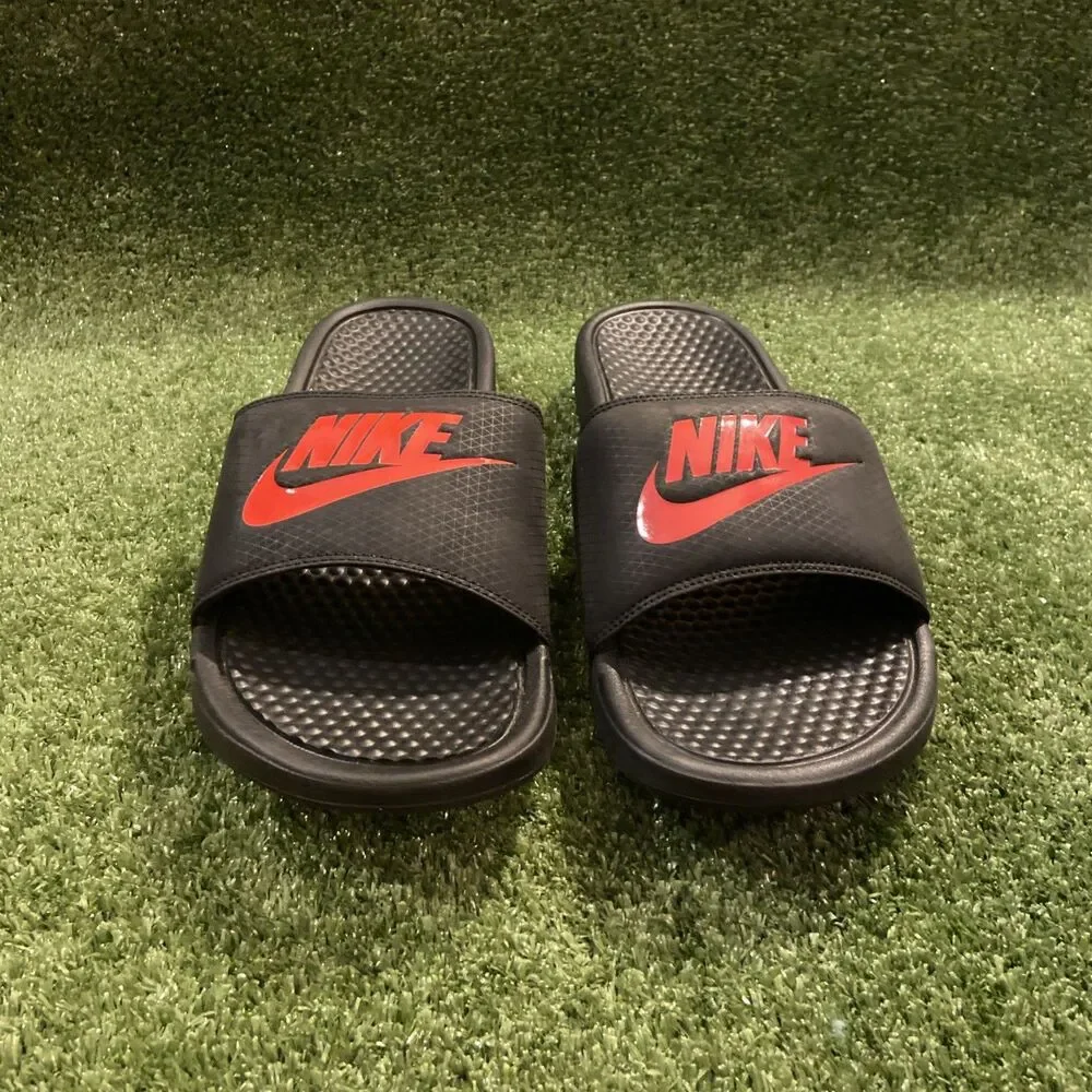 Nike Benassi JDI Slides Men’s Size 12 Black/Red Flip Flops Swoosh Shoes NEW